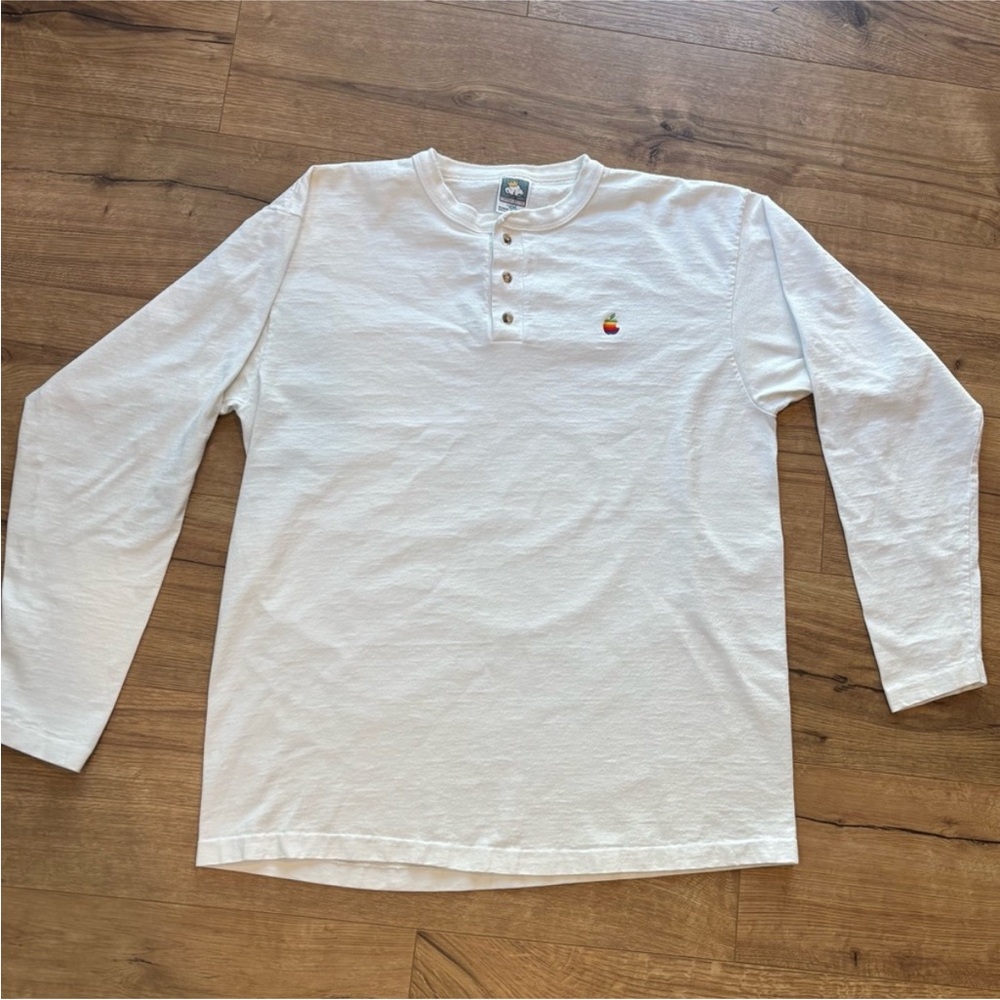 Vintage 80s Apple Company Rainbow Logo White Long Sleeve Henley Tee Shirt Men XL
